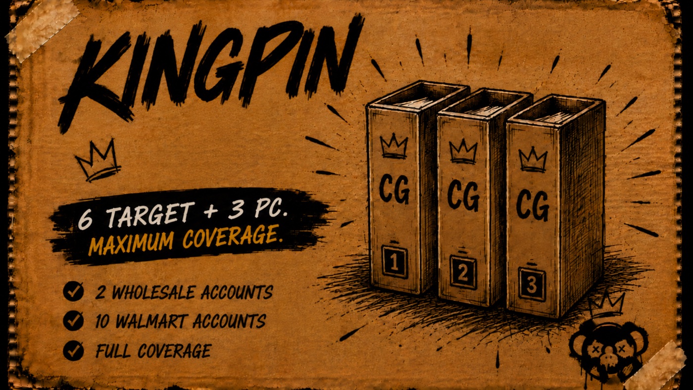 Kingpin membership banner: 6 Target accounts, 3 Pokémon Center accounts, 2 Wholesale accounts, and 10 Walmart accounts
